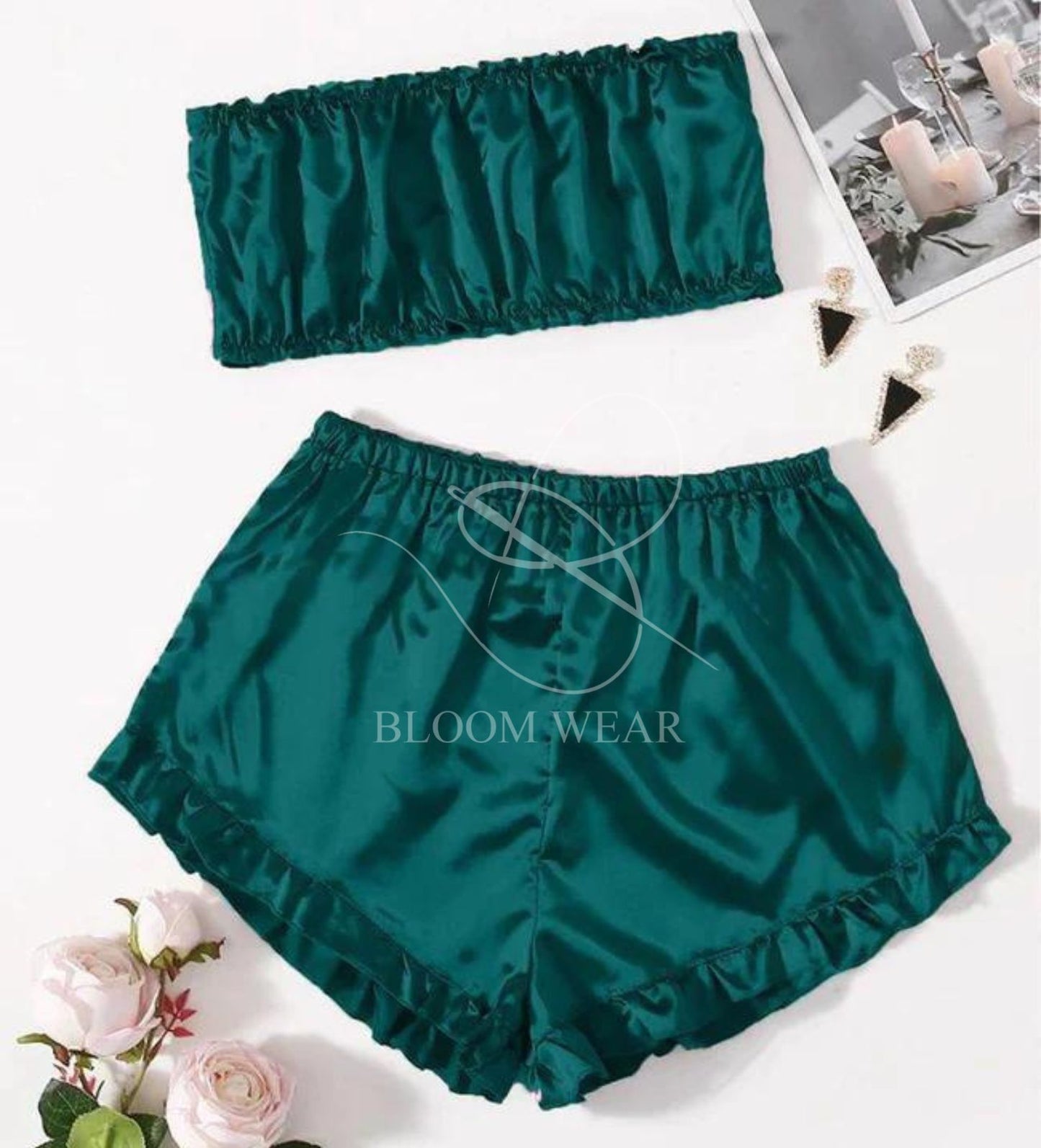SATIN FRILL TRIM TUBE TOP & SHORTS PJ SET CHK # P48