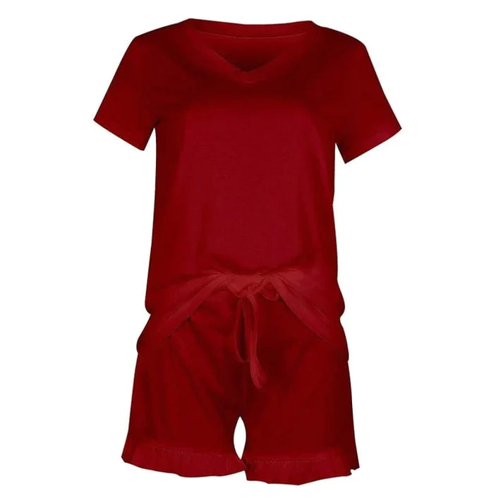 BLOOM'S Women′S Nightwear V-Neck Short Sleeves Tops And Drawstring Elastic Waist Ruffle Short CH # 336
