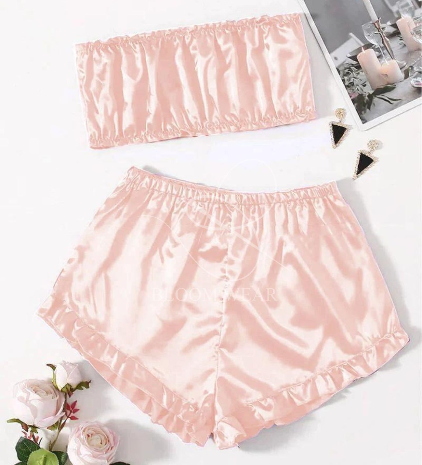 SATIN FRILL TRIM TUBE TOP & SHORTS PJ SET CHK # P48