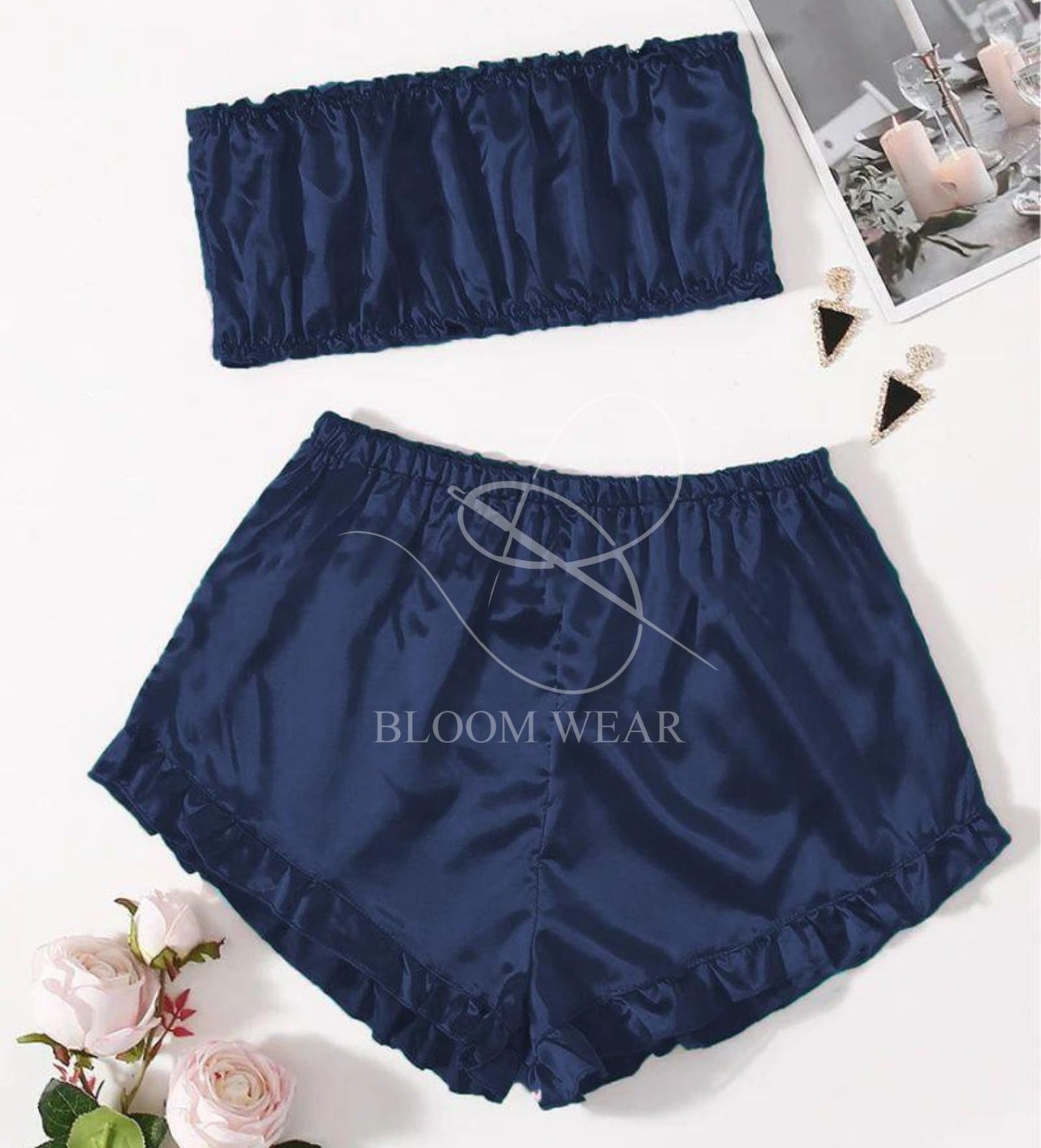 SATIN FRILL TRIM TUBE TOP & SHORTS PJ SET CHK # P48