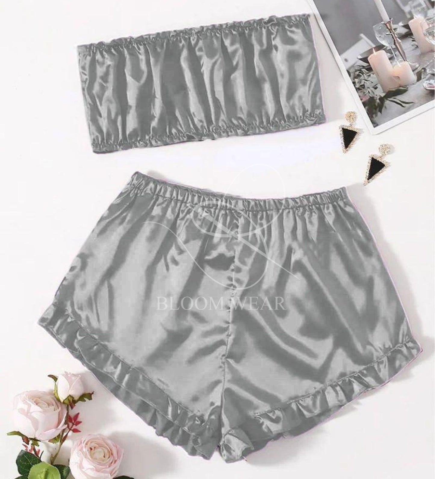 SATIN FRILL TRIM TUBE TOP & SHORTS PJ SET CHK # P48
