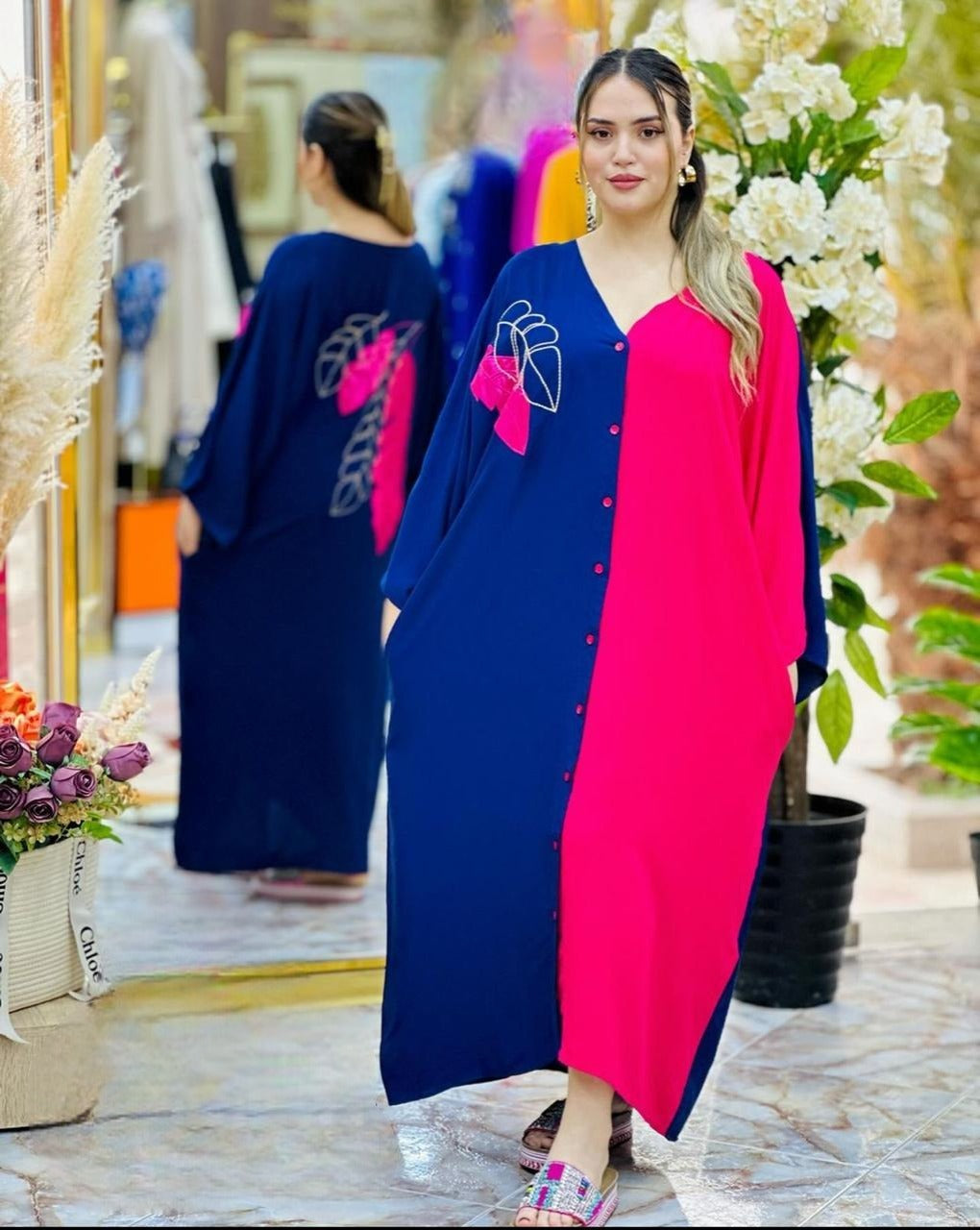 CH # 423 Embroidery Style V Neck Long Dress