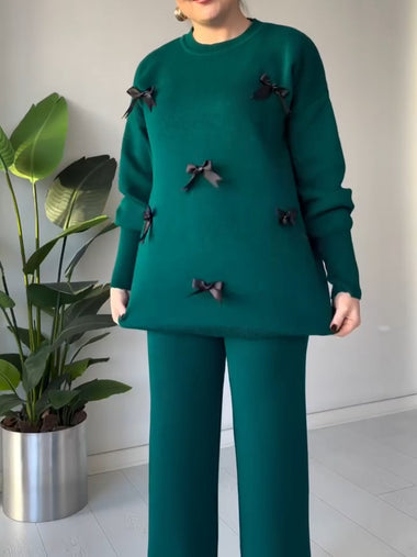 CH 525 The Bloom Wears Bow Style Warm Fleece Winter Co-ord Set.