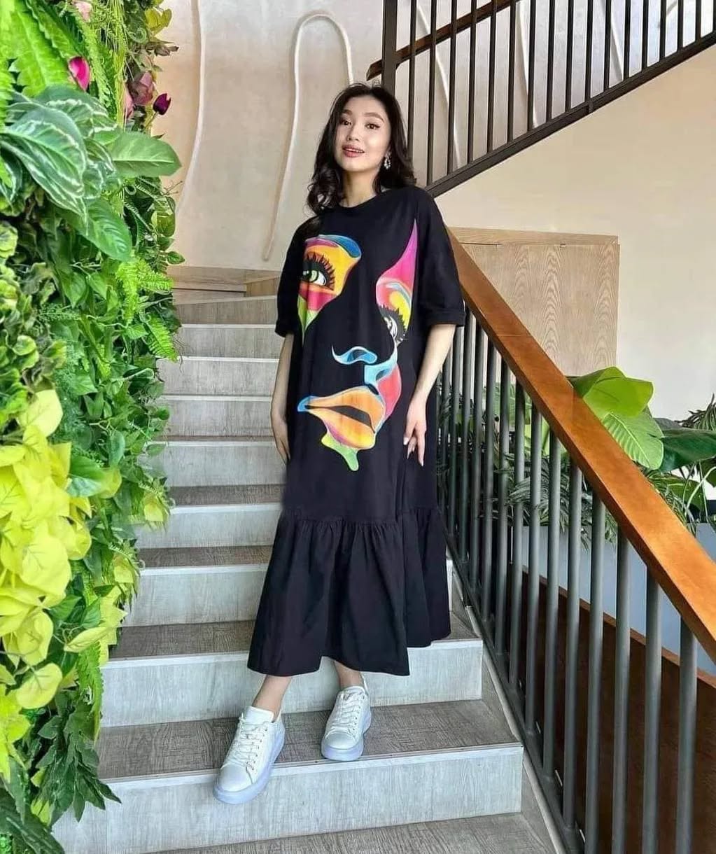 CH-453 Face Printed Long Frill Top