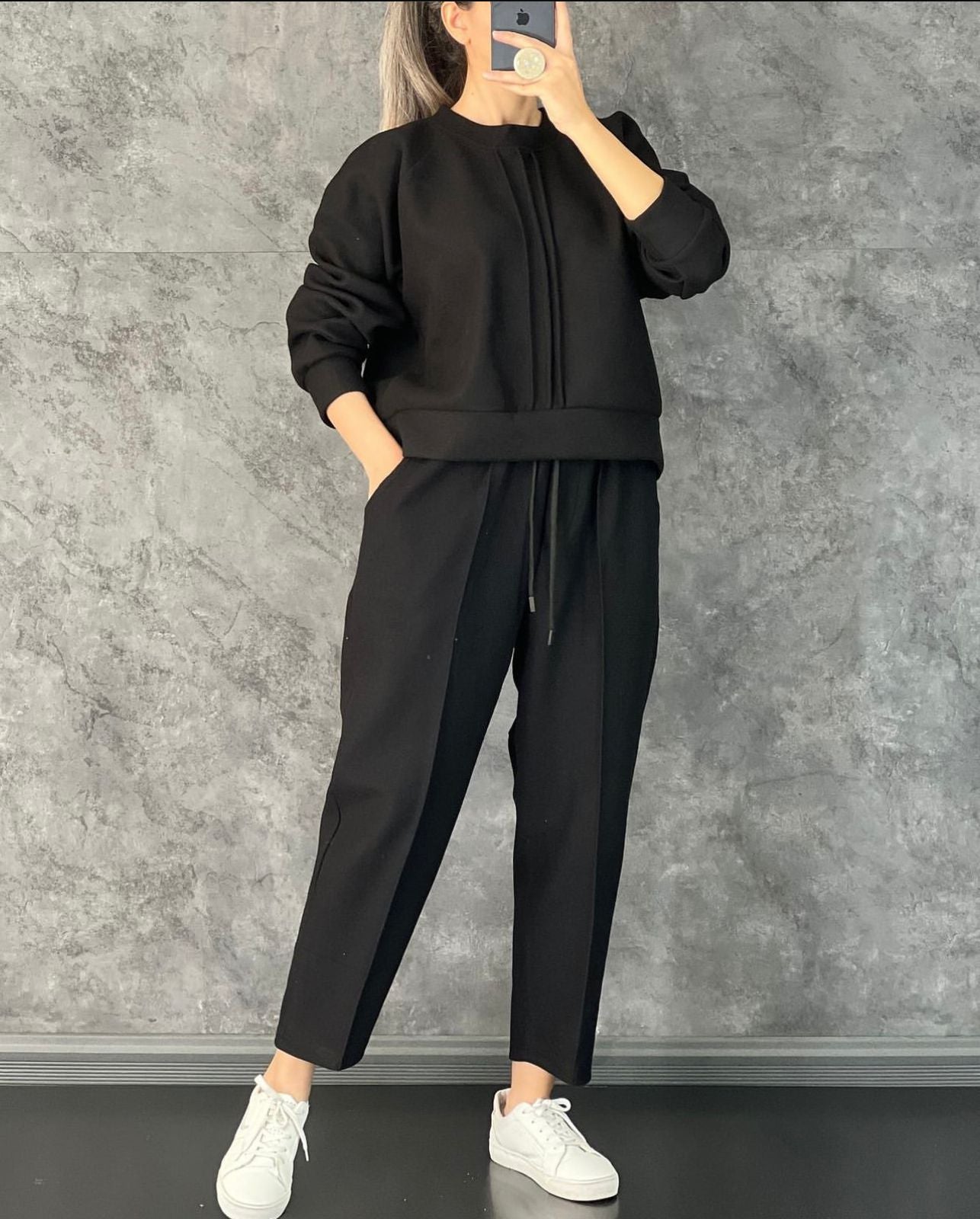 Ch # 381 THEBLOOMWEAR Winter Fleece Co-Ords: Stylish Black 2-Piece Set With Cocoon Pants And Sweatshirt