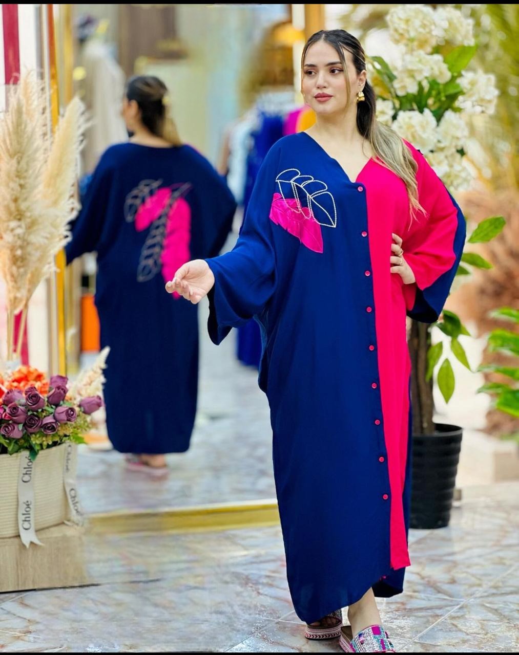 CH # 423 Embroidery Style V Neck Long Dress
