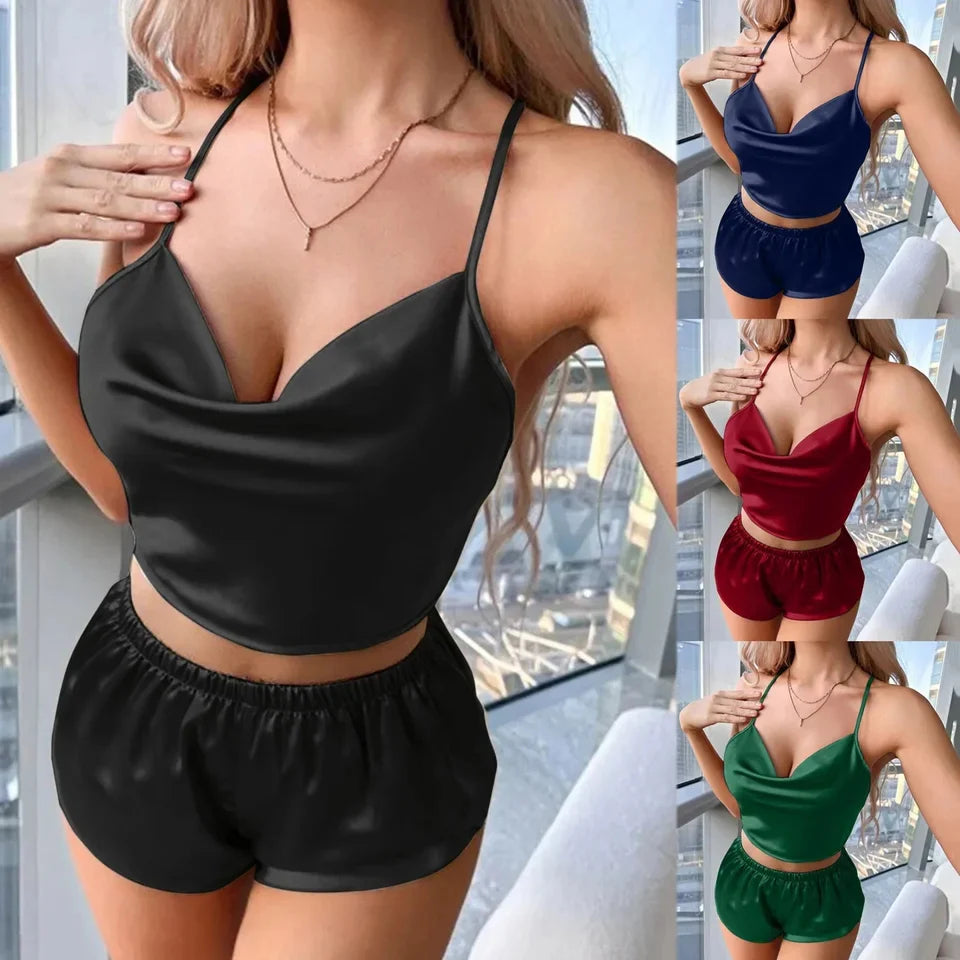 P-65 Womens Silk Ruffled Spaghetti Cami Shorts Sleepwear Suits Ladies Casual Comfy Soft Nightwear