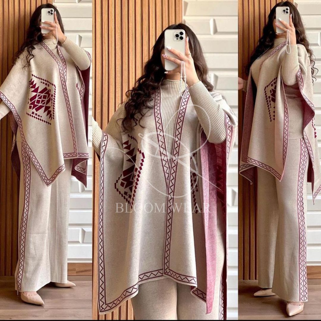 CH # 370 READY TO WEAR WINTER 3 PIECE FLEECE SUIT CAPE SHAWL HIGH NECK & TROUSER