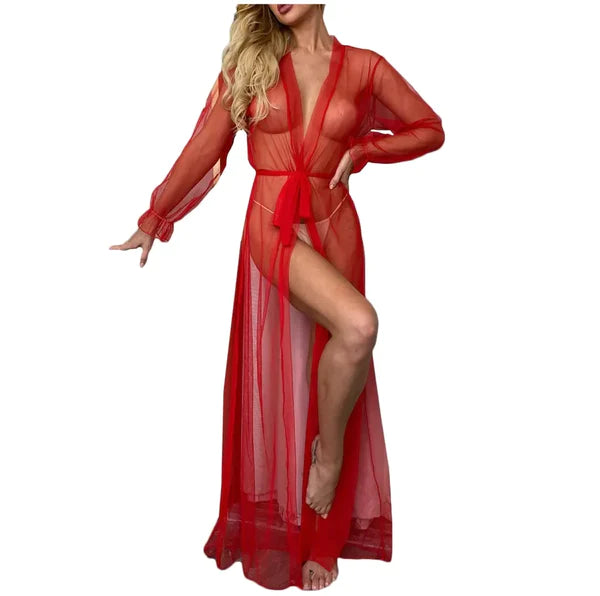 Thebloomwears Sexy Hot Erotic Women Nightwear Long Mesh Sleepwear Long NightGowns See Through Sheer Mesh Night Dress CH # 341