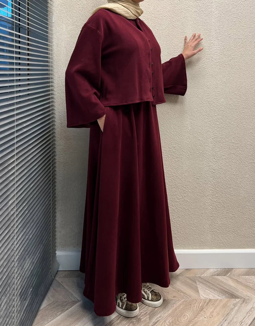 CH 608 - 2 Pcs Winter Outfit Long Frock With Upper Fleece Jacket