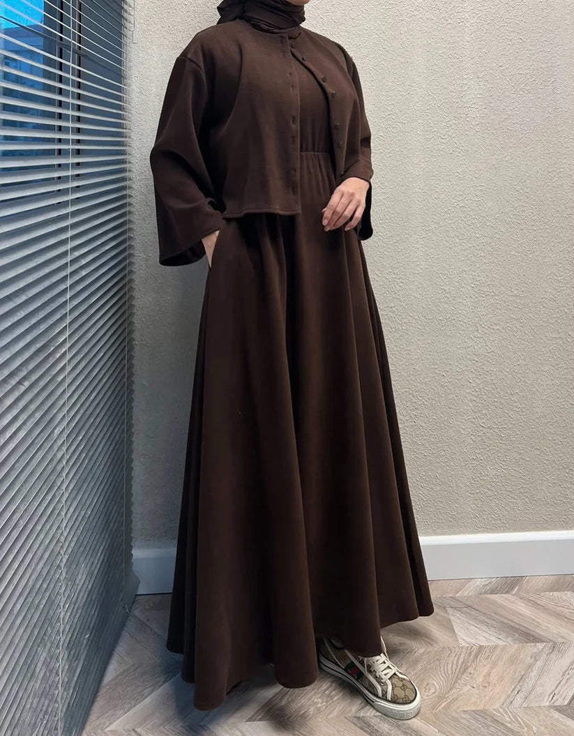 CH 608 - 2 Pcs Winter Outfit Long Frock With Upper Fleece Jacket