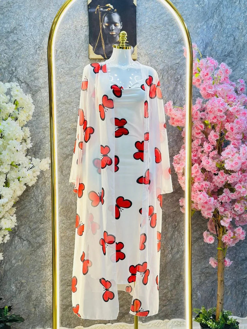 CH 572 - 2 Piece Butterfly Printed Long Gown Dress