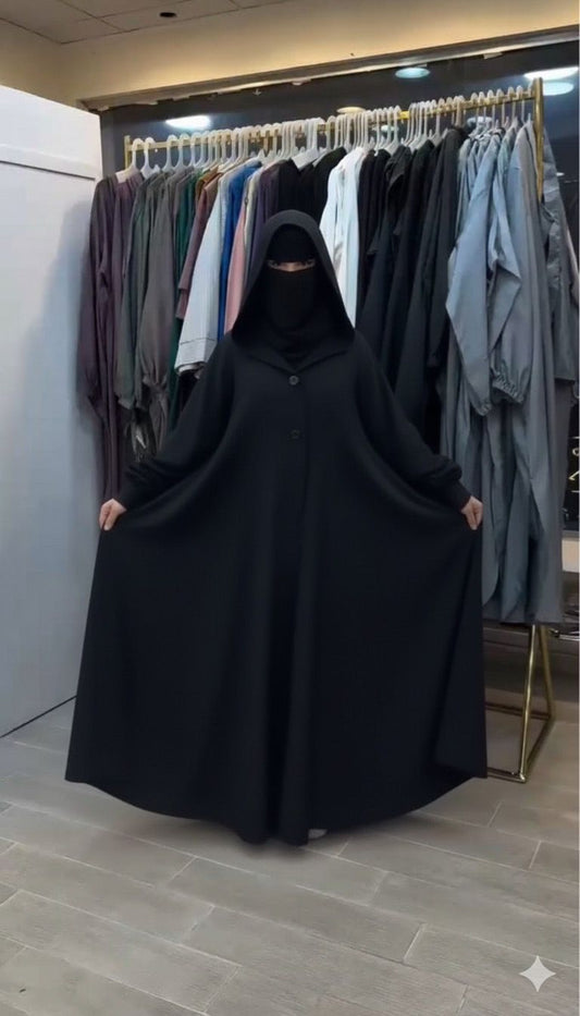 Ch 611 -Button-Front Long Frill Hoodie Winter Fleece Maxi Style with Wide Flare - The Bloom Wears