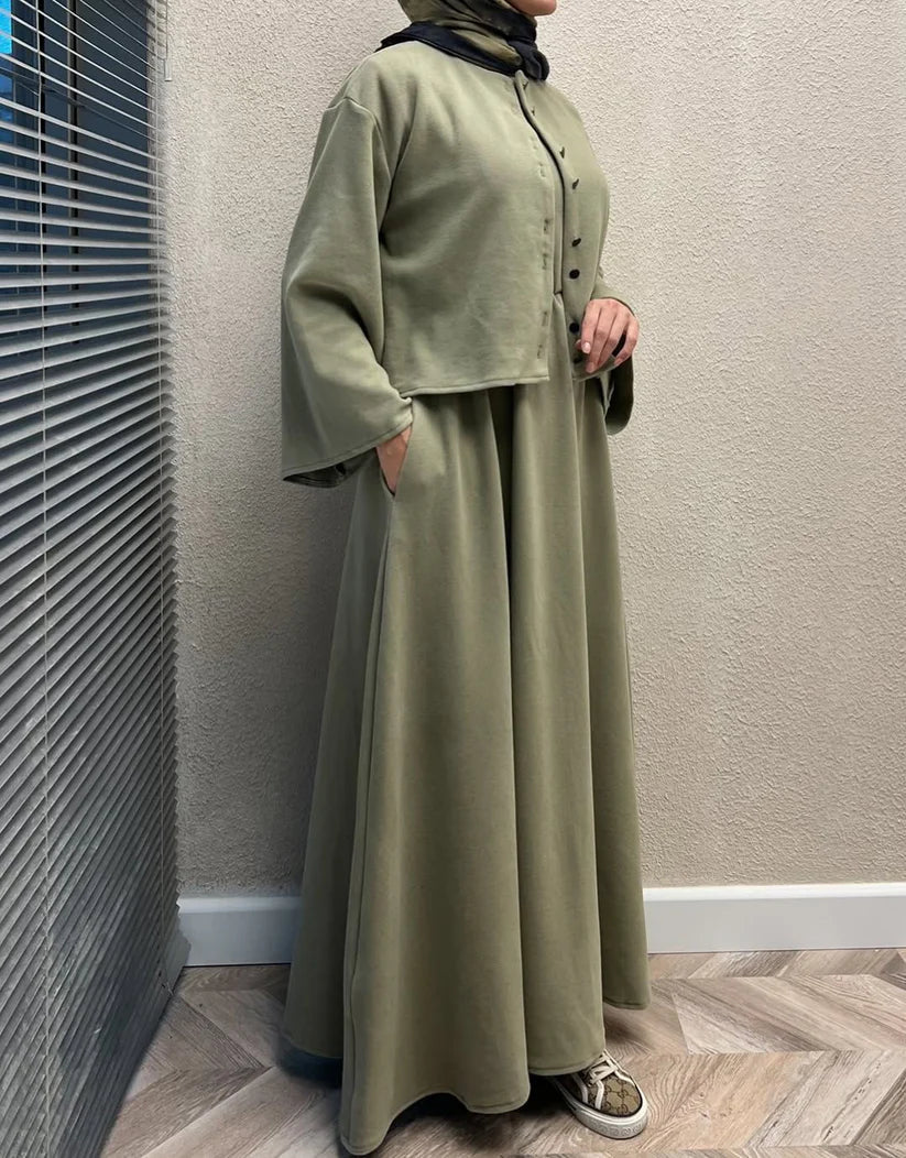 CH 608 - 2 Pcs Winter Outfit Long Frock With Upper Fleece Jacket