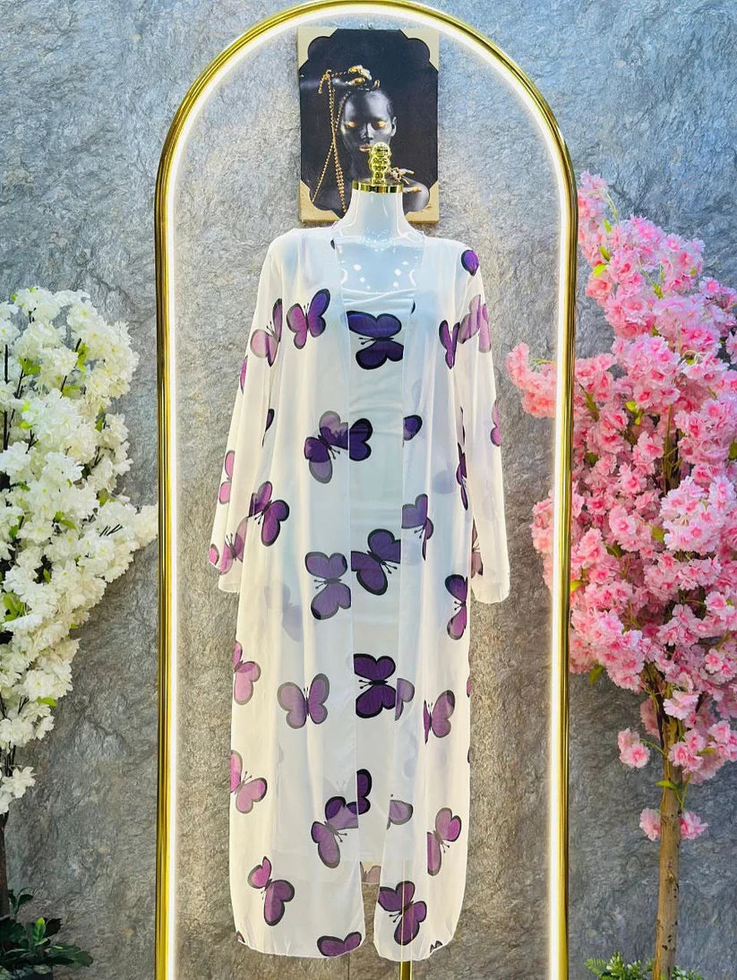 CH 572 - 2 Piece Butterfly Printed Long Gown Dress