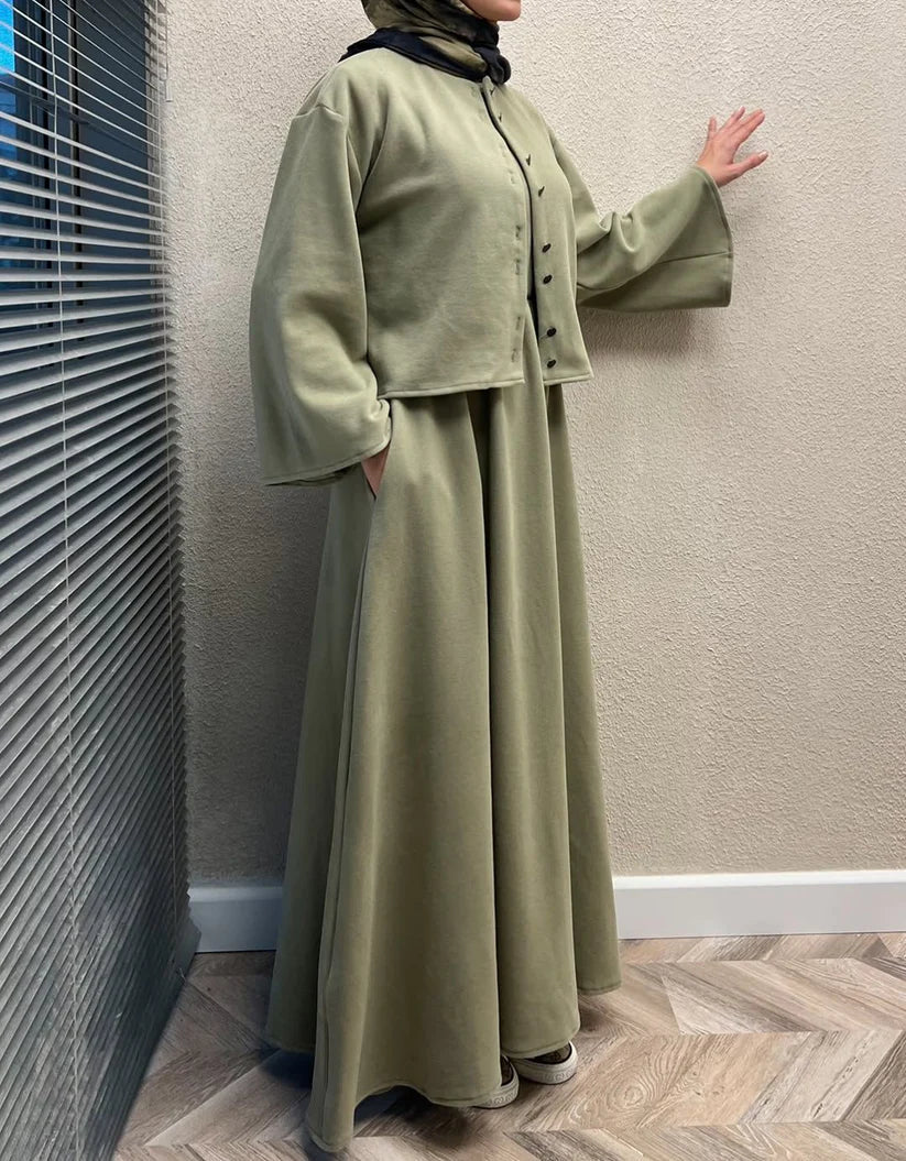 CH 608 - 2 Pcs Winter Outfit Long Frock With Upper Fleece Jacket