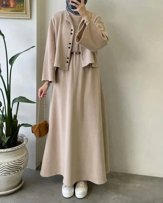 CH 608 - 2 Pcs Winter Outfit Long Frock With Upper Fleece Jacket