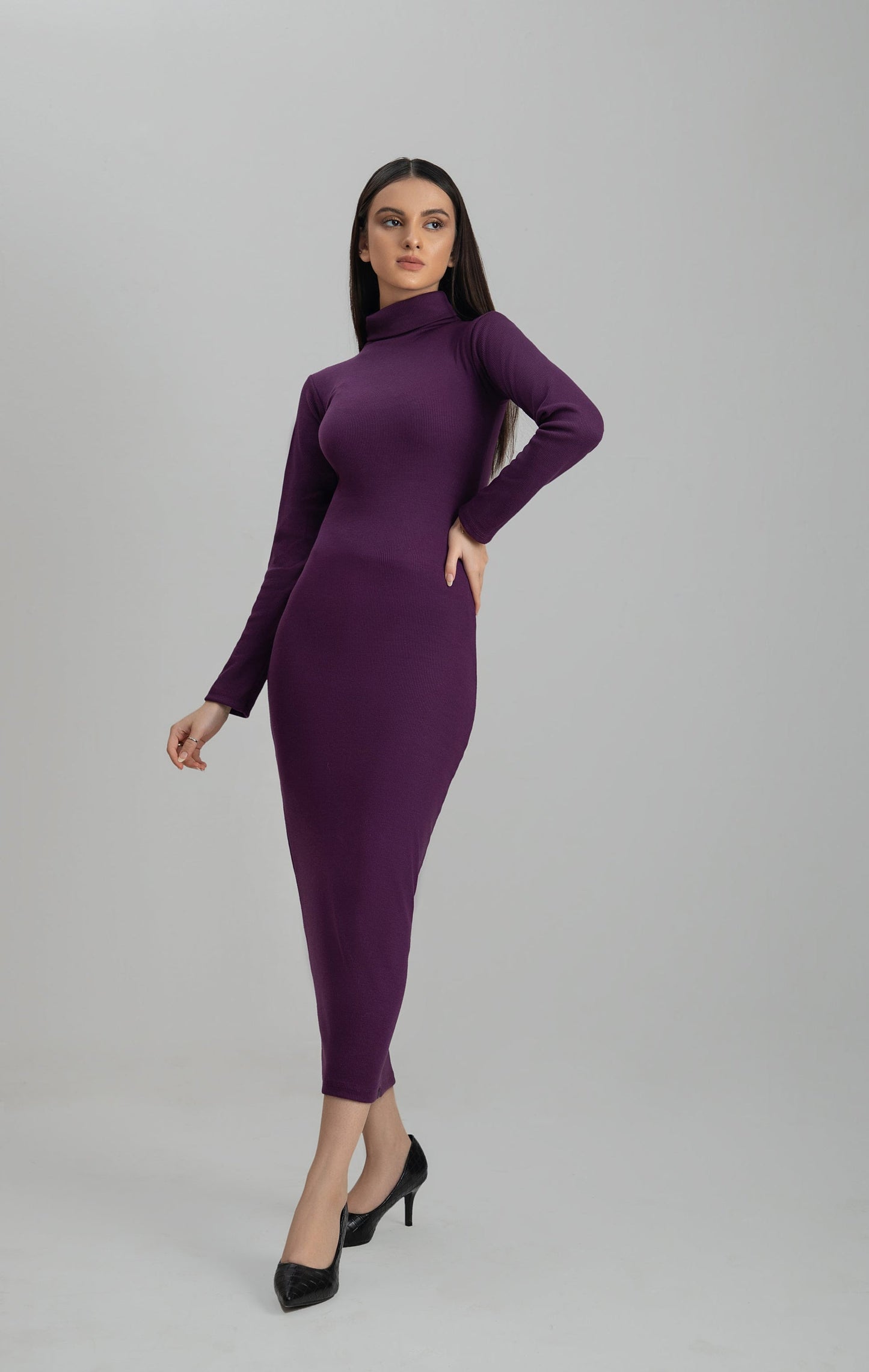 Ch # 361 Ribbed Cotton High Neck Bodycon Dress