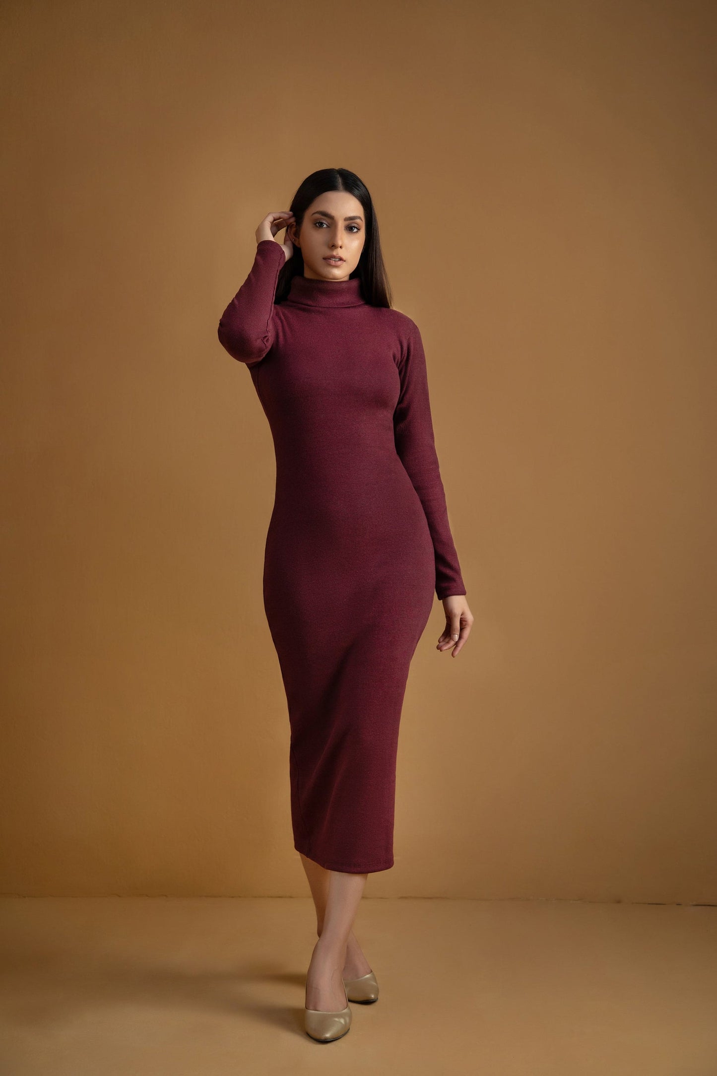 Ch # 361 Ribbed Cotton High Neck Bodycon Dress