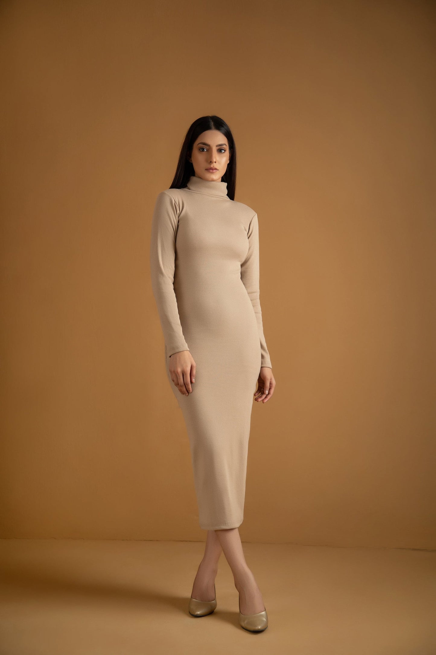 Ch # 361 Ribbed Cotton High Neck Bodycon Dress