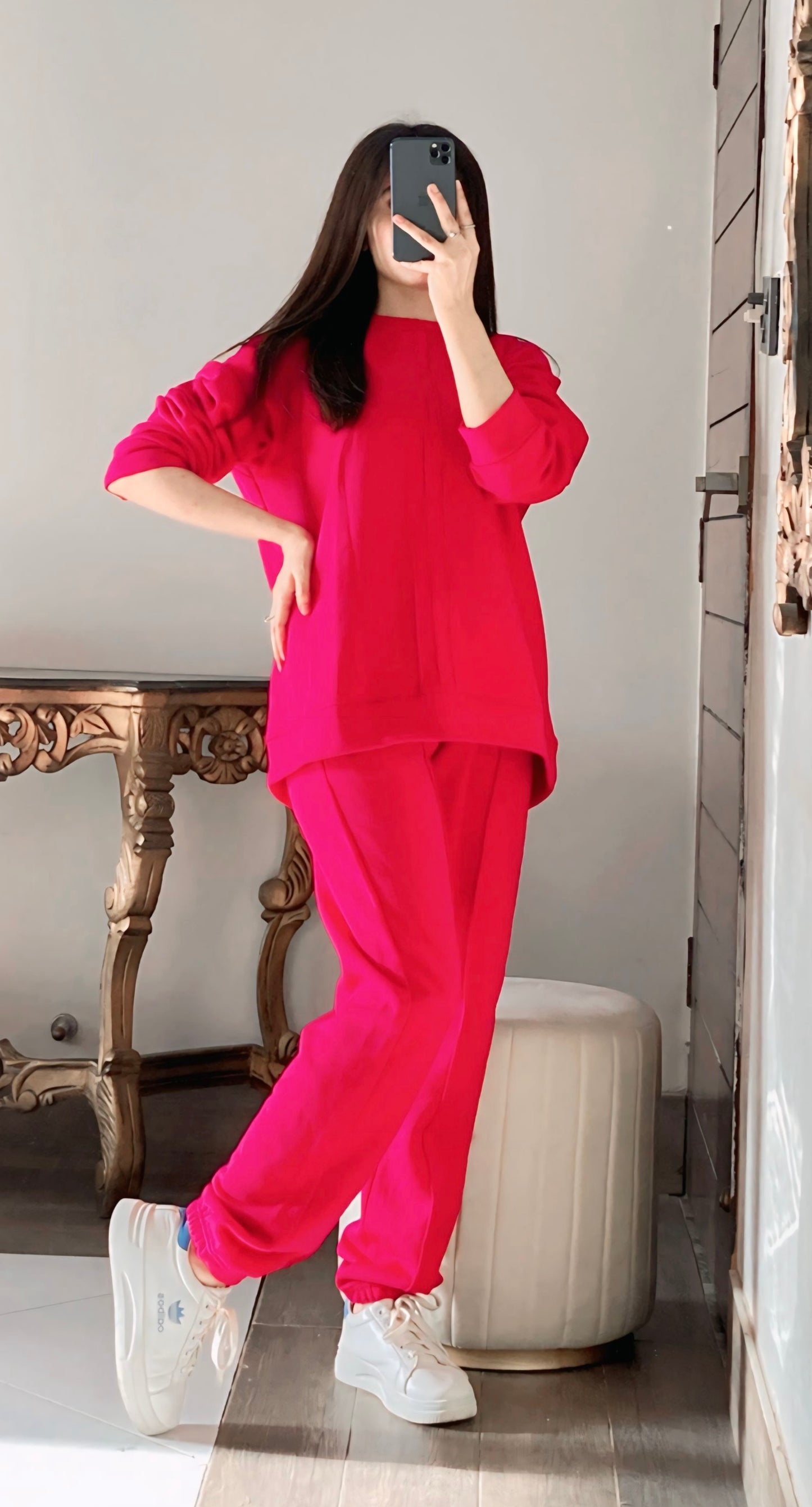 Ch # 381 THEBLOOMWEAR Winter Fleece Co-Ords: Stylish Black 2-Piece  Set With Cocoon Pants And Sweatshirt