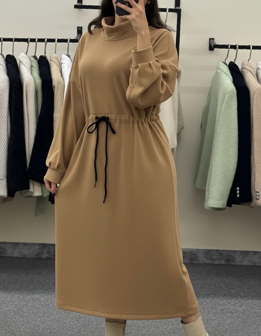 CH 582 Cozy Drawstring Long Winter Frock Top for Women
