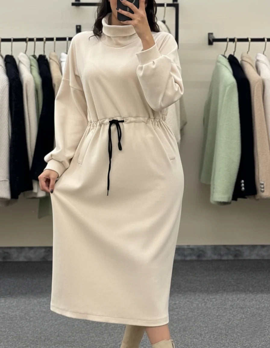 CH 582 Cozy Drawstring Long Winter Frock Top for Women