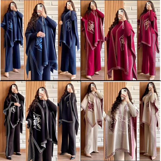 CH # 370 READY TO WEAR WINTER 3 PIECE FLEECE SUIT CAPE SHAWL HIGH NECK & TROUSER