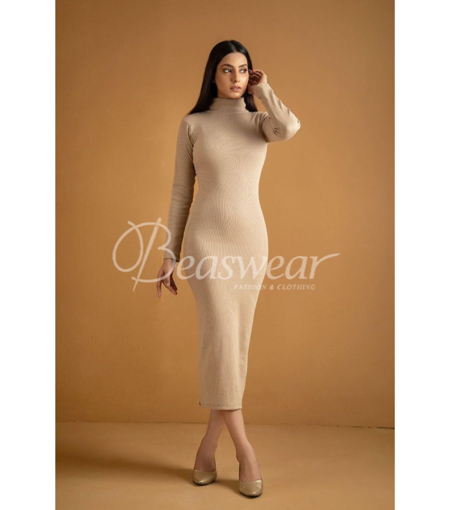 Ch # 361 Ribbed Cotton High Neck Bodycon Dress