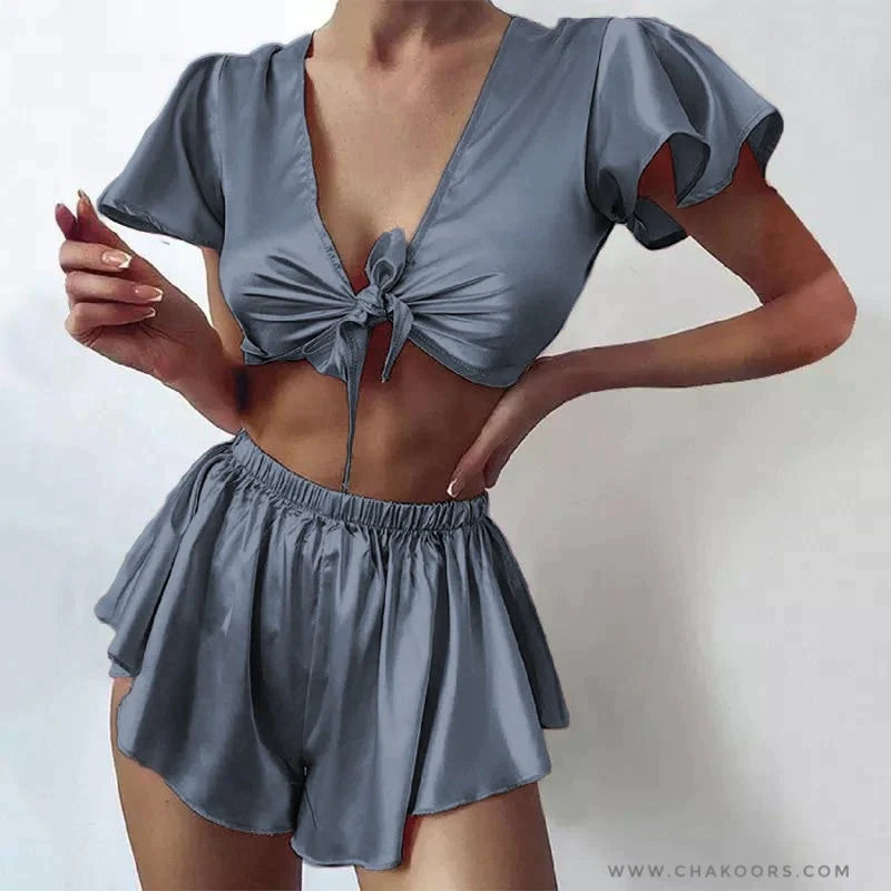 SILK IMITATION FRONT KNOT SHIRT WITH ELASTIC BOXER SLEEPWEAR SET CHK # P39