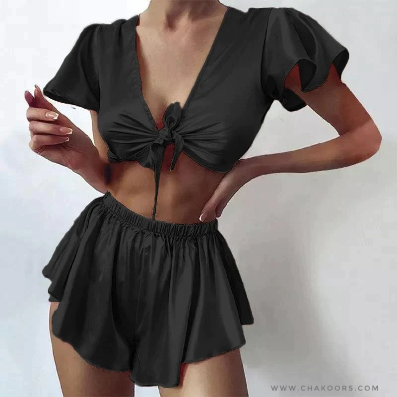 SILK IMITATION FRONT KNOT SHIRT WITH ELASTIC BOXER SLEEPWEAR SET CHK # P39