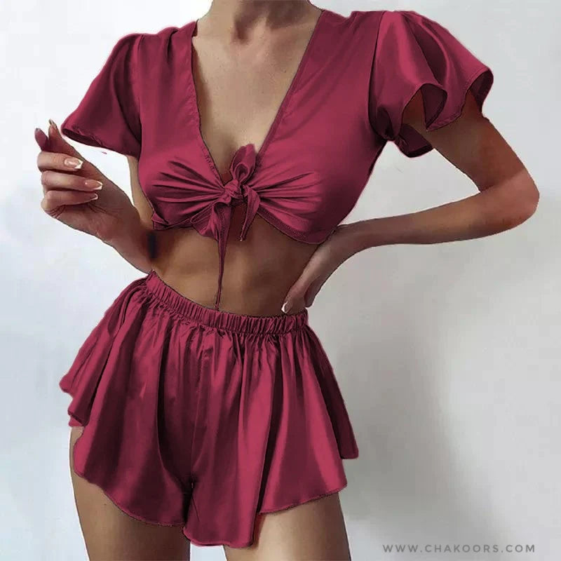 SILK IMITATION FRONT KNOT SHIRT WITH ELASTIC BOXER SLEEPWEAR SET CHK # P39