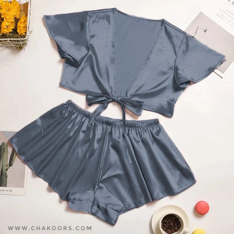 SILK IMITATION FRONT KNOT SHIRT WITH ELASTIC BOXER SLEEPWEAR SET CHK # P39