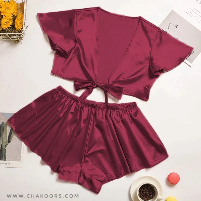 SILK IMITATION FRONT KNOT SHIRT WITH ELASTIC BOXER SLEEPWEAR SET CHK # P39