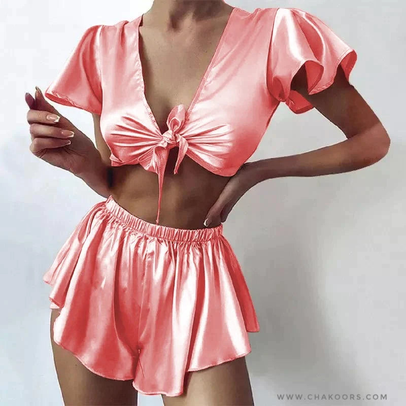 SILK IMITATION FRONT KNOT SHIRT WITH ELASTIC BOXER SLEEPWEAR SET CHK # P39