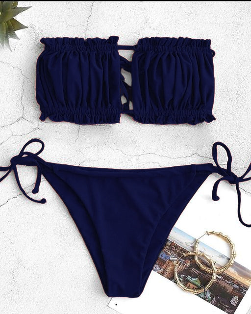 BIKINI SET RUFFLE STRAPLESS TIE SIDE BIKINI WOMEN SWIMWEAR SEXY HIGH CUT STRAPLESS LOW WAISTED BIKINI CH # 314