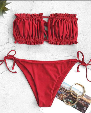 BIKINI SET RUFFLE STRAPLESS TIE SIDE BIKINI WOMEN SWIMWEAR SEXY HIGH CUT STRAPLESS LOW WAISTED BIKINI CH # 314