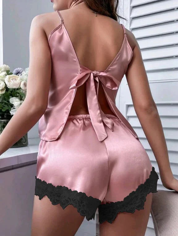 BACKLESS SILK CAMI TOP & SHORTS CHK # P43