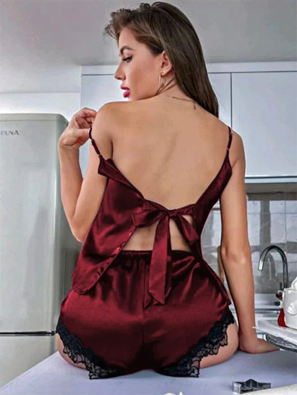 BACKLESS SILK CAMI TOP & SHORTS CHK # P43