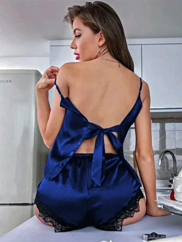 BACKLESS SILK CAMI TOP & SHORTS CHK # P43