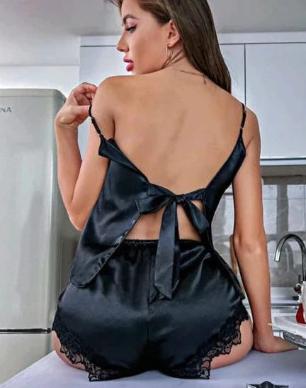 BACKLESS SILK CAMI TOP & SHORTS CHK # P43